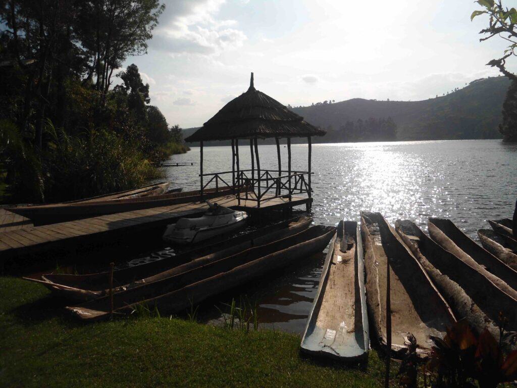 Canoes on the shores of Lake Bunyonyi in Uganda